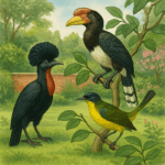 Als Beispiel für die bedrohten Vogelarten das Bild eines Gartens, in dem der Helmhornvogel, der nackthalsige Schirmvogel und der gelbbauchige Sonnenvogel zu sehen sind.