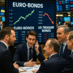 Szene auf dem Börsenparkett, man sieht Börsianer vor einer Anzeigetafel, auf der ein ansteigender Kurs für Euro-Bonds angezeigt wird, und ein absteigender Kurs für Dollar-Anleihen.