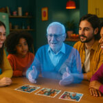 Eine deutsche, diverse Familie am Küchentisch in modischer Kleidung und in modischem Interieur. Im Mittelpunkt ein virtuell eingeblendeter Großvater-Chatbot, eine Art durchscheinender hologrammartiger Avatar, der Geschichten erzählt.