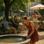 Großstadbewohner in modischer Sommerkleidung in einem Stadtpark leiden unter der Hitze - sie suchen Schatten unter Bäumen oder Sonnenschirmen und erfrischen sich an einem Brunnen.