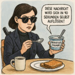 Future Flow Eine Agentin sitzt am Frühstückstisch und löffelt probiotischen Joghurt, ihr Jogurtbecher sagt: "Diese Nachricht wird sich in 10 Sekunden selbst auflösen!".
