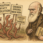 Regenwürmer demonstrieren mit Schildern wie "Revolution statt Evolution", "Großer Sprung nach Vorn" und "Gould statt Darwin". Daneben steht Charles Darwin mit einem Exemplar seines Buches "Evolution of Species" in der Hand, und blickt auf die Würmer herab und wundert sich.