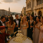 Party von Superreichen auf der Terasse eines venezianischen Palazzo, mit viel Luxus, fließendem Champagner, teuren Kleidern, teurem Schmuck, Bodyguards, livrierten Pagen als Bedienung, gelöste Stimmung, Ausgelassenheit.