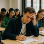 Eine Gruppe von modisch gekleideten Studentinnen und Studenten sitzt in einem Seminarraum an Tischen und schreibt ein Testessay. Ein Student hat sichtbar Probleme, seine Gedanken zu Papier zu bringen und schaut nachdenklich und angestrengt.