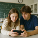 Zwei Schüler im Chemieunterricht schauen auf ihrem Handy ein Kurzvideo.