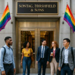 Eingang zur Firmenzentrale eines Konzerns, mit Regenbogen-Fahnen-Beflaggung