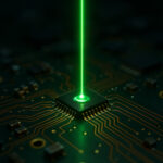 Im Labor geht von einem Mikrochip auf einer größeren Leiterplatte ein grüner Laserstrahl aus.