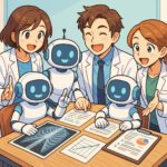 Ein Team aus freundlichen Chatbots und Medizinern berät über einen medizinischen Fall anhand von Röntgenbildern, Diagrammen und Datenblättern. Illustration im Manga-Stil