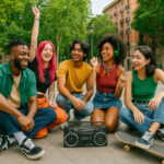 Eine diverse Gruppe Jugendlicher im Studentenalter in der Großstadt, auf einem öffentlichen Platz, hören gemeinsam Musik aus einer Boombox hören, einige tanzen dazu. Bäume sind grün, Jahreszeit ist Sommer. Die Jugendlichen sind modisch gekleidet, manche haben Tattoos oder Piercings, es ist auch ein Skateboard zu sehen.