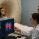 In einem MRI hört ein Mann mit Kopfhörern Musik, davor zwei Wissenschaftlerinnen, die eine Aufnahme des Gehirns betrachten.