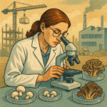 Wissenschaftlerin untersucht Pilze mit dem Mikroskop.