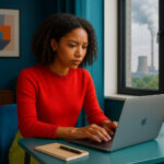 Eine Frau bei der Arbeit am Laptop im Homeoffice, modische Kleidung, modisches Interieur, durch das Fenster sieht man in der Ferne ein Kraftwerk, dessen Schornstein qualmt.