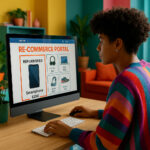 Eine Internet-Nutzerin (junge Erwachsene, divers) wählt auf dem PC-Bildschirm mit der Maus ein "Refurbished-Smartphone" auf einem "Re-Commerce-Portal" aus.