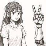 Weibliche Versuchsperson mit EEG-Sonden am Kopf, daneben ein Roboterarm, die Roboterhand zeigt das Victory-Zeichen mit Zeige- und Mittelfinger, die ein "V" bilden