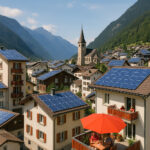 In einem typischen Schweizer Städtchen in einem Bergtal viele Häuser mit Solarpanelen auf den Dächern oder an den Balkonen, auf einigen Balkonen sind auch sommerlich gekleidete Menschen zu sehen, etwa unter einem Sonnenschirm.