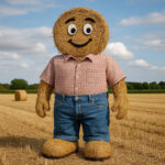 Bild einer Strohballen-Figur auf einem Acker, die eine überdimensionierte Jeans und ein Baumwollhemd trägt.