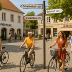 Marktplatz einer kleinen Stadt, mit Apotheke, Bibliothek und Lebensmittelgeschäft. Die Innenstadt ist Fußgänger- und Fahrradzone, diverse jüngere und ältere Menschen modisch sommerlich gekleidet, unterwegs, zu Fuß und per Fahrrad, Hinweisschilder in der Mitte des Marktplatzes zeigen zu unterschiedlichen Einrichtungen in der Nähe: Schwimmbad 1.500 Meter, Bahnhof 800 Meter, Krankenhaus 1.200 Meter.