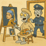 Ein Bot in Künstlermontour arbeitet in seinem Atelier als Bilderfälscher, er malt ein Bild von Vermeer ab. Durch die Tür kommt ein anderer Bot, als Polizist gekleidet.