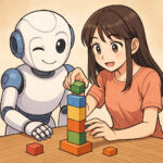 freundlicher Robot und weibliche Testperson lösen zusammen eine Aufgabe: sie bauen aus Bauklötzen einen Turm. Der Robot zwinkert der Testperson zu, als sie den richtigen Baustein in die Hand nimmt.