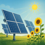 Schwenkbare Solarpanels und Sonnenblumen auf einem Feld.