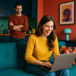 In einer modern und ohne Beige-Töne bunt eingerichteten Wohnung chattet die Partnerin auf der Couch begeistert am Laptop mit ihrem Chatbot, während der Partner eifersüchtig aus der offenen Pantry-Küche herüberschaut.