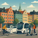 Schwedische Innenstadtszene, mit Radfahrern, Elektroautos, Ladesäulen, E-Rollern, autonomen elektrischen Shuttle-Taxis