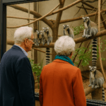 Ein modisch gekleidetes älteres Paar (keine Beige-Töne) betrachtet im Zoo eine Gruppe von Katta-Lemuren in einem Gehege in einem Affenhaus, das Gehege ist mit Glas abgeschirmt.