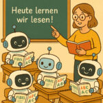 Kleine Chatbots im Klassenraum lernen lesen, sie haben Lese-Fibeln vor sich auf dem Tisch, eine Lehrerin zeigt auf einen Satz, der an die Tafel geschrieben steht: "Heute lernen wir lesen!"