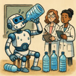 Schwitzender Chatbot im Labor trinkt aus einer Wasserflasche, daneben stehen zwei Wissenschaftlerinnen im Kittel und machen sich Notizen.