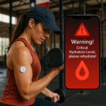 Eine Sportlerin in einem texanischen Gym beim Training, an ihrem Oberarm ein Sensorpflaster. Das Pflaster schickt eine Warnung an eine Smartphone-App, die Warnung auf dem Display ist im Bild eingeblendet: "Warning! Critical Hydration-Level, please rehydrate!"