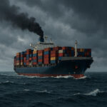 Containerfrachter auf hoher See, mit dunkler Rauchfahne aus dem Schornstein, Himmel bewölkt, sichtbarer Wellengang