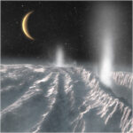 Künstlerische Darstellung von Fontänen, die auf der Oberfläche von Enceladus ausbrechen. Am Himmel ist der benachbarte Mond Titan zu sehen.
