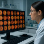 Bildschirm-Arbeitsplatz in einem medizinischen Labor, auf dem ein Raster aus 40 Netzhautbildern angezeigt wird, davor eine Wissenschaftlerin, die das Bild betrachtet.