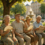 Senioren, die auf einer Parkbank unter einem schattigen Baum Schutz vor der Sonne suchen, sich Luft zufächern, Wasser trinken, Zeitung lesen. Die Szene spielt in einem Park in einer deutschen Innenstadt. Auch ein Springbrunnen ist zu sehen.