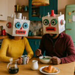 Ein internationales Paar in einer bunten, modisch eingerichteten Küche sitzt beim Frühstück. Beide haben sich mit bemalten und mit Alufolie beklebten Pappkartons als Roboter verkleidet.
