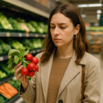 Frau betrachtet kritisch einen Bund Radieschen im Supermarkt.