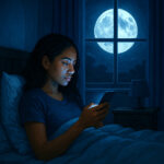 Nächtliche Szene in einem modern eingerichteten Schlafzimmer, Frau blickt im Bett auf ihr Smartphone, am Fenster ist der Vollmond zu sehen.