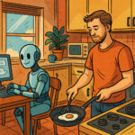 Wohnküche einer futuristischen WG aus Mensch und Chatbot. Der Chatbot arbeitet am Computer, der Mensch steht in der Küche und brät eine Spiegelei in der Pfanne.