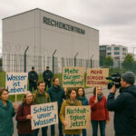 Vor einem Rechenzentrum eine Demonstration, die Leute tragen selbst gemalte Schilder und Transparente zum Thema Nachhaltigkeit, Wasserverbrauch, Gerechtigkeit, Umweltschutz.