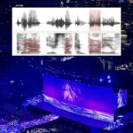 Taylor Swift performing during her Eras tour (credit Maura Shapiro) with vocal frequency analysis overlaid (credit: Miski Mohamed and Matthew Winn).