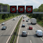Blick von einer Autobahnbrücke herab auf eine Autobahn, mäßiger Verkehr in beiden Richtungen, auf einer elektronischen Schilderbrücke, die über die gesamte Autobahn reicht, wird rechts in Fahrtrichtung für jede der drei Spuren Tempo 120 angezeigt.