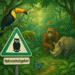 Urwald mit exotischen Tieren, davor ein typisches deutsches Warnschild für ein Naturschutzgebiet: dreieckig, grün umrandet, mit einer stilisierten Eule.