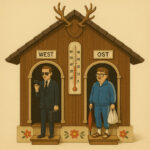 Wetterhäuschen mit Westdeutschem im Anzug und mit Aktenkoffer und Ostdeutschem im Trainingsanzug mit Plastebeutel.