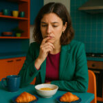 eine modisch gekleidete Frau (keine Beige-Töne) sitzt morgens beim Frühstück in der Küche, sie betrachtet zweifelnd den Frühstückstisch, Finger an den Lippen in nachdenklicher, unentschiedener Pose.