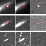The same transient is shown in three surveys, with rows corresponding to Pan-STARRS (top), MeerLICHT (middle), and ATLAS (bottom). Each row presents, from left to right, the New, Reference, and Difference images. Red circles mark the expected position of the transient candidate at the centre of each stamp. All stamps are 100×100 pixels, but their angular sky coverage differs due to survey-specific pixel scales: Pan-STARRS 0.25″/pixel, MeerLICHT 0.56″/pixel, and ATLAS 1.86″/pixel. Credit: Stoppa & Bulmus et al., Nature Astronomy (2025).
