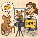 Maus sitzt als Testperson an einem winzigen Tisch im Labor, sie denkt sichtbar an etwas leckeres, sie wird dabei von einer Kamera beobachtet, daneben betrachtet eine Forschende im Kittel lächelnd einen Monitor, auf dem das Mausgesicht mit Hilfe von vielen Vektoren vom Computer analyisiert wird, auf einem zweiten Monitor erscheint groß das Wort: "CHEESE".
