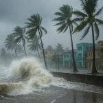 Wellen schlagen bei Sturm hoch am Rand einer Küstenstadt in den Tropen, Palmen biegen sich im Wind, starker Regen.