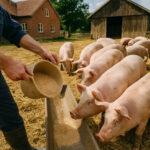 Schweine auf dem Bauernhof, die gefüttert werden.