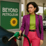 Skeptische Kundin betankt ihr Auto, blickt auf Logo: "Beyond Petroleum"