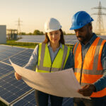 Solarfeld mit Batteriespeicher und Umspannwerk in der Ferne